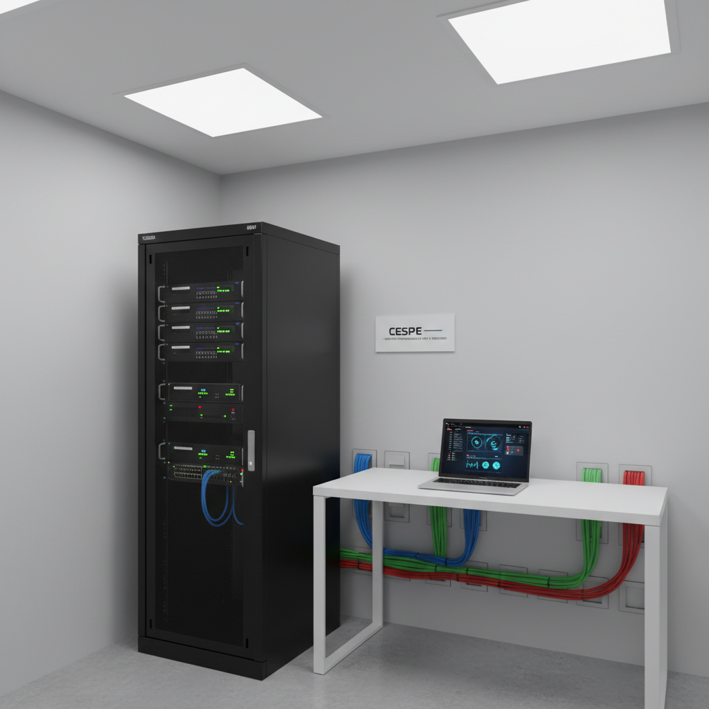 An ultra-modern network operations corner featuring a compact 12U rack with labeled switches, firewalls, and a small storage array, all with softly glowing status LEDs in green and blue. The rack stands against a light gray wall, next to a minimalist workbench where an open laptop shows a cybersecurity dashboard with graphs and alert icons, slightly blurred. Cable management is impeccable, with color-coded cables running through tidy channels. Overhead, cool white LED panel lighting produces even, shadow-free illumination, giving the scene a precise, high-tech mood. Photographic realism, slightly elevated angle and wide lens to capture the full setup, conveying CESPE’s professional network and security services in a clean, organized Colombian business context, with no human presence.