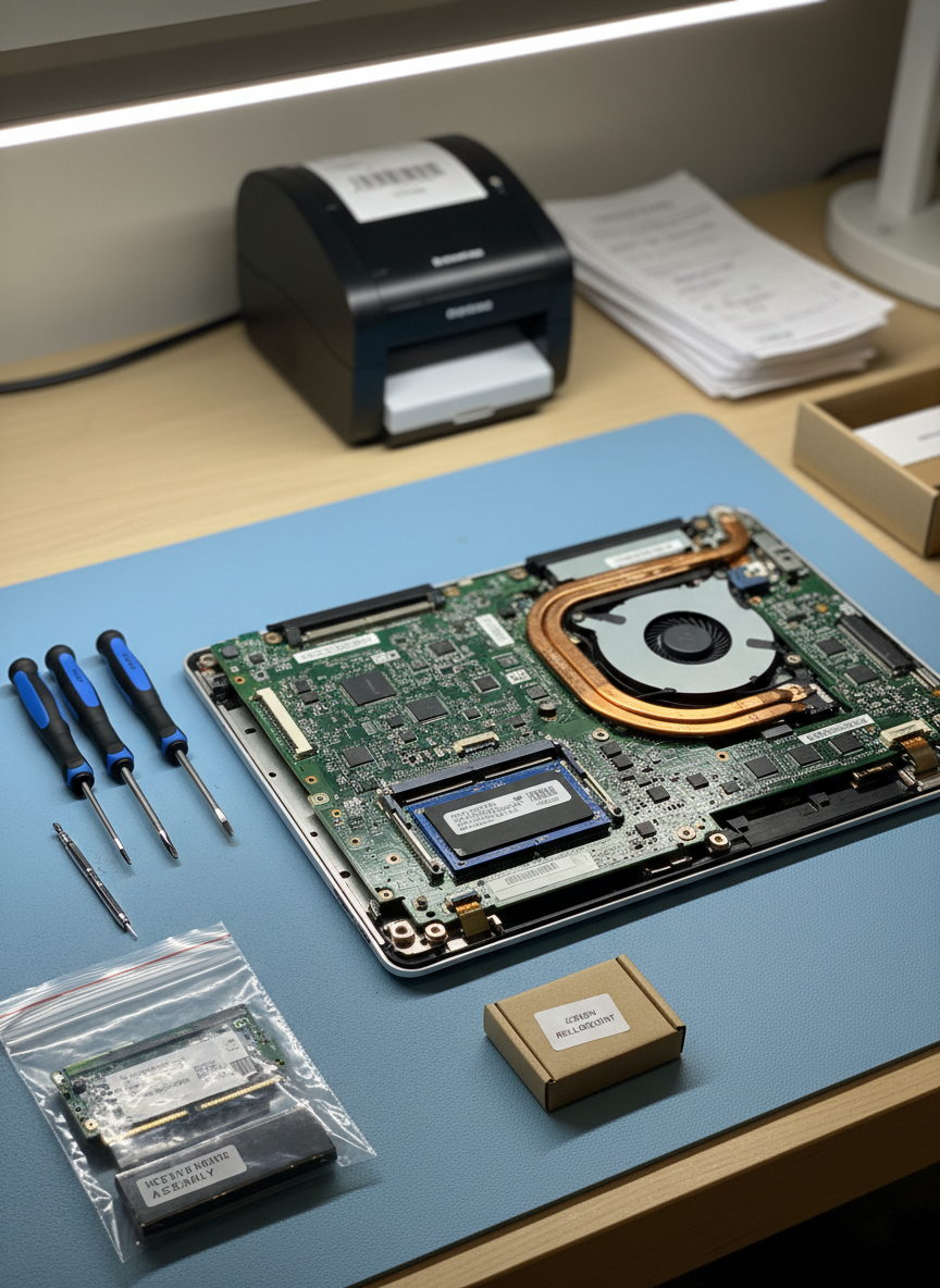 A close-up of a partially disassembled silver laptop on an anti-static mat, its internal components meticulously exposed. The green motherboard, copper heat pipes, and solid-state drive are shown in crisp detail, alongside neatly arranged precision screwdrivers, anti-static bags, and labeled replacement parts. The scene is set on a light wooden technical workbench with a neatly stacked pile of service tickets and a barcode label printer in the softly blurred background. Overhead, neutral white bench lighting casts clear, shadowed contours on each component, creating a focused, technical mood. Photographic realism with a slightly angled top-down composition and shallow depth of field, emphasizing professional computer support and hardware repair services with a clean, trustworthy aesthetic, and absolutely no people visible.